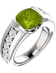 14K White Gold 8.00x8.00mm Antique Cushion Cut Peridot and Diamond Ring -- LIFETIME WARRANTY