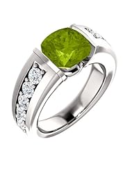 Platinum 8.00x8.00mm Antique Cushion Cut Peridot and Diamond Ring -- LIFETIME WARRANTY
