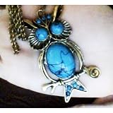 SODIAL- Unique Bronze Owl Filled Turquoise Pendant Copper-plated Metal Necklace 1pcs