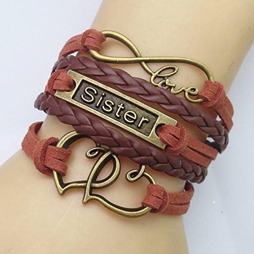 Vintage Style Brown Leather Rope Love Sister Heart Love Bracelet