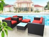 Lexington Modern Malibu 5-Piece Outdoor Rattan, Espresso with Red Cushions