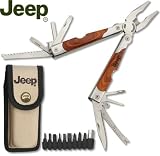 Jeep Multi Tool with Wood Overlay Steel Handle and Holster - Great Hunting / Camping / Automotive Gadget