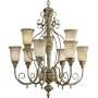 Progress Lighting P4531-62 Nine-Light Two-Tier Chandelier with Antique Stone-Etched Glass, Scrolls with Decorative Acorn Ornaments, and Carved Acanthus Leaf Detail, Creme Brulee