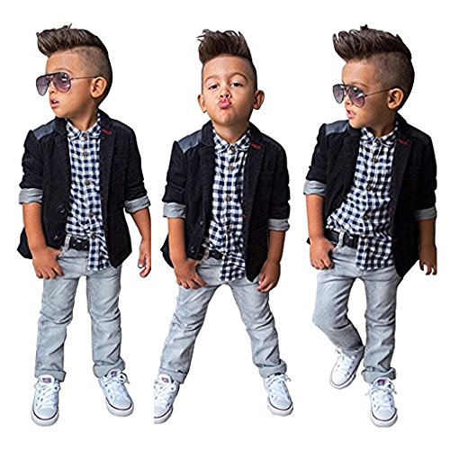 Rorychen Fashion Plaid 3pcs Clothing Sets(Outerwear,Shirt,Jeans Trousers) 4T Black