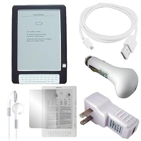 Amazon Kindle DX (BLACK) Protective Electronic Book Reader Silicone Skin Gel Case Cover /w Screen Guard / Protector, USB 2in1 Sync as well as Charging Cable, USB Car Charger, USB Wall / Travel Charger, as well as Listening Earphones / Headphones