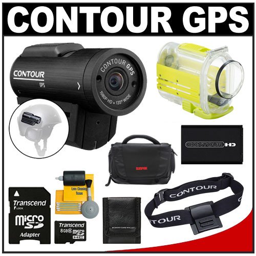 Contour GPS Full 1080p HD Helmet Wearable Camcorder Video Camera with 8GB Card + Waterproof Case + Head Strap Mount + Battery + Case + Accessory Kit for Water Sports