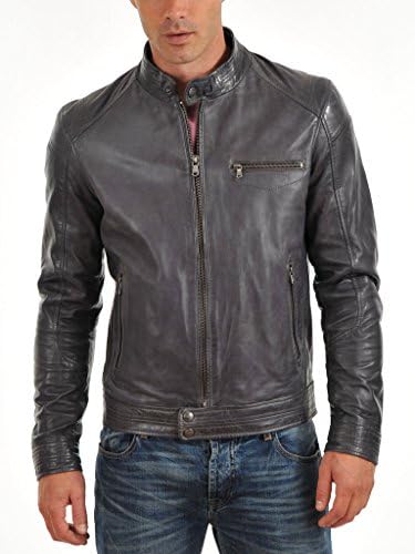 Aw Leather Men's Bomber Biker Lambskin Leather Jacket L Gray