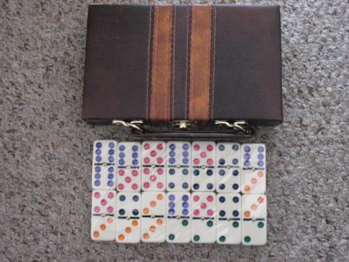 Double Six Dominoes Set of 28 with Spinners White Tile Colored Dots in a Leather Attache Case