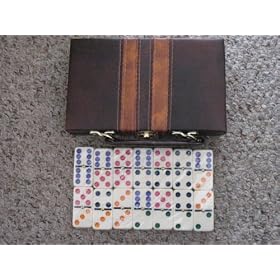 Double Six Dominoes Set of 28 with Spinners White Tile Colored Dots in a Leather Attache Case