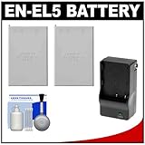(2) Power2000 EN-EL5 Rechargeable Batteries with Charger + Cleaning Kit for ....