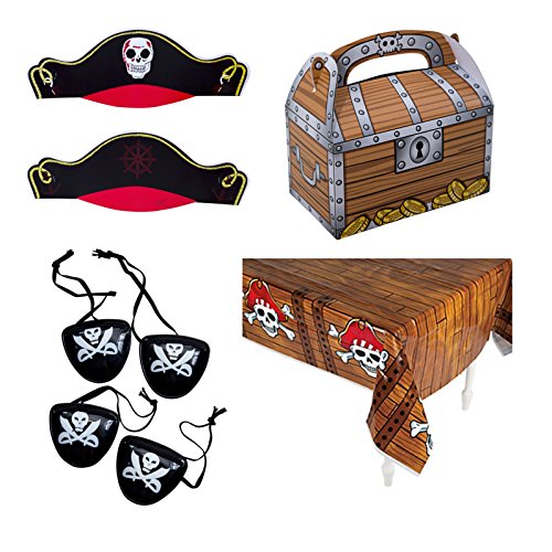 Pirate Party Supplies, Fun Pirate Themed Favors and Decorations, Kit Features 12 Pirate Treasure Treat Boxes, 12 Pirate Hats, 12 Eye Patches, and 1 Pirate Tablecloth by M&M Products Online