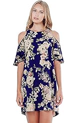 Shift Summer Fall Floral Print Polyester High-Neck Flutter Off the Shoulder Keyhole  Dress