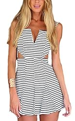 Sexy V-neck Backless Polyester Summer Sleeveless Striped Print Midi Dress 