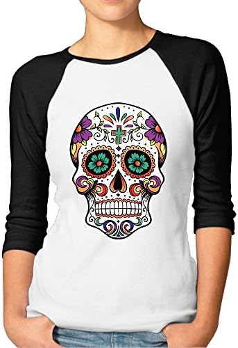 JUN Women's 3/4 Sleeve Baseball Pretty Skull Short Shirts Black L