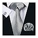 Silver Plaid Tie Silk Hanky Cufflinks Set Business Woven Necktie Formal Fashion