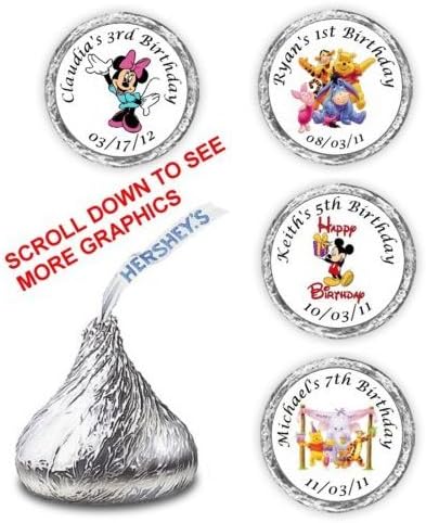 108 MICKEY MINNIE MOUSE WINNIE POOH BIRTHDAY HERSHEY CANDY KISSES LABELS FAVORS