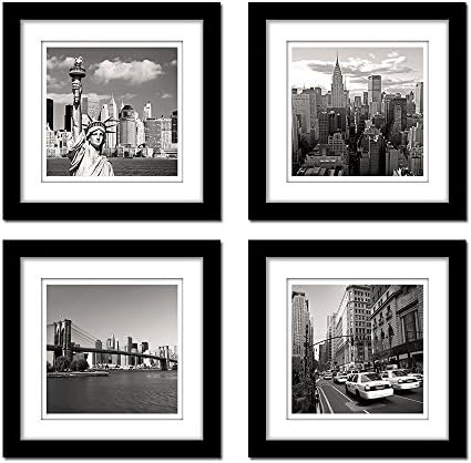 Spirit Up Art 4pcs Black and White Famous Building Statue of Liberty Picture Photo with Wood Black Frame and White Mat Wall Modern Framed Artwork for Home Office Room Decoration