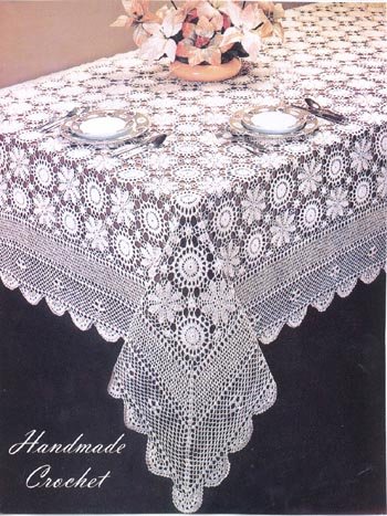 Hand Crocheted Lace White 68 Inch Round Tablecloth