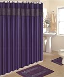 4 Piece Bath Rug Set/ 3 Piece Purple Leopard Bathroom Rugs with Fabric Shower Curtain and Matching Rings