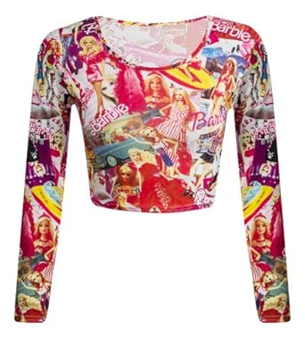 Womens Ladies Long Sleeve Barbie Doll Print Sexy Crop Cropped Top Size ...
