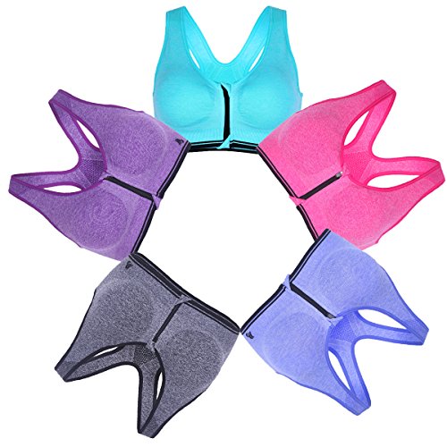 B.BANG Women Sports Bra Padded Zipped Seamless (XXL, 5-pack)