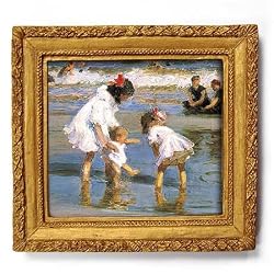 Children Playing at the Seashore - Gold Frame Magnet with pop-out easel (2-3/4" x 2-1/2")