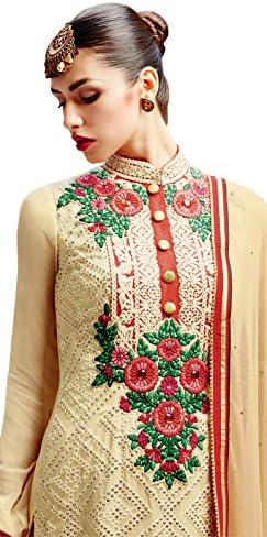 Beige Georgette Wedding Wear Women's Embroidery Kimora Pakistani Plazo Suit