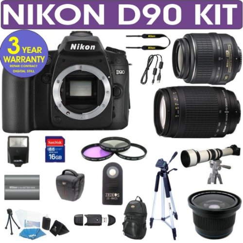 Nikon D90 Digital Camera + Nikon 18-55mm VR Lens + Nikon 70-300mm Lens + .40x Wide Angle Fisheye Lens + 650-1300mm Zoom Lens + 3 Year Celltime Warranty