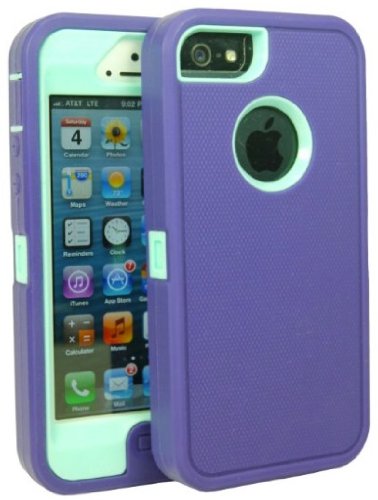 Brand New Iphone 5 5S Body Armor Defender - Comparable to Otterbox Defender + 1pc 3ft Data Cable (Purple on Teal Blue)