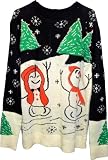 Ugly Adult Christmas Sweater Snowman & Trees Black and Cream with Flashing Lights