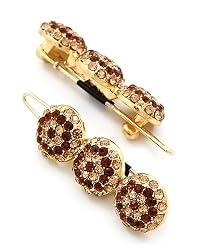 2 Goldtone Smoked Topaz Colored Rhinestone Balls Metal Snap Hair Barette Clips