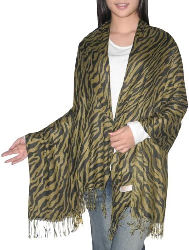 Womens Comfortable & Soft Animal Print Tassel Neck Scarf Army Green & Black