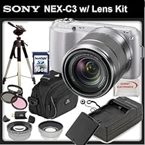 Sony Alpha NEX-C3 Digital Camera (Silver) with Sony E-Mount 18-55mm Lens + SSE Professional Package. Includes: 0.45x Wide Angle Lens, 2x Telephoto lens, 3 Piece Filter Kit (UV,CPL,FLD,) 16GB SDHC Memory Card, Additional Replacement FW50 Battery Pack, Rapid Travel Charger, Pro Tripod, Soft Carrying Case, and much much more