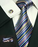 Landisun 85H Multi-Color Stripes Mens Silk Tie Set: Tie+Hanky+Cufflinks