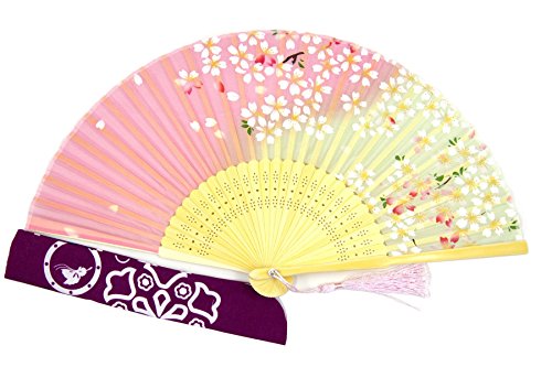 DawningView Japanese Handheld Fan, Cherry Blossoms on Pink and Green HF59