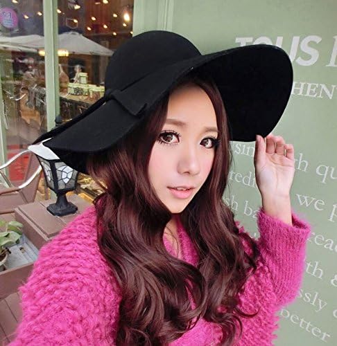Shusheng Women's Vintage Wide Brim Wool Felt Bowler Fedora Hat retro goth bowknot band Cap, Black