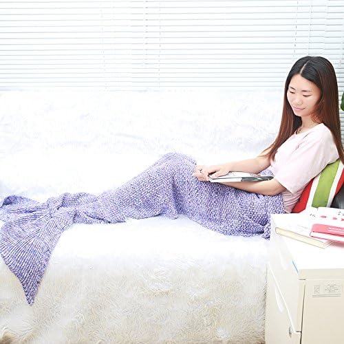 JFQ Handmade Mermaid Tail Blanket, All Seasons Knitted Blanket, Warm Sofa Quilt Living room blanket for Adults (70.8 X 31.5inch)-purple
