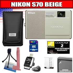 Nikon Coolpix S70 12.1MP Digital Camera with 3.5-inch OLED Touch Screen and 5x Wide Angle Optical Vibration Reduction (VR) Zoom (Champagne & Beige) Package 4