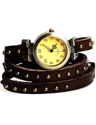 YesurpriseWeave Fashion Rivet Weave Wrap Around Leather Retro Bracelet Woman Wrist Watch Gift Brown