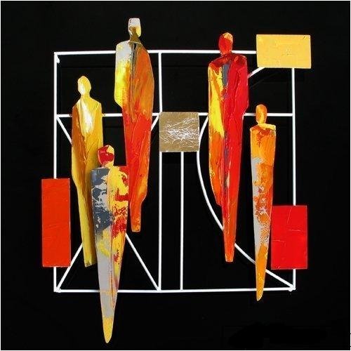 Abstract Modern Wall Decor Painting. Hand Painted Objects On Metal Attached To A Wooden Background