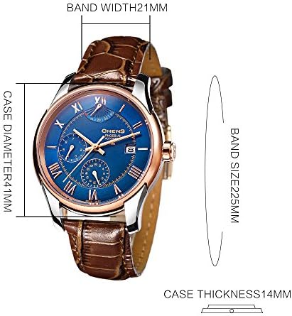 Chens Men's Automatic Watch With Dark Blue Dial Brown Leather Strap Band
