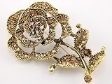 Vintage Golden Tone Amber Topaz Brown Rose Petal Flower Stem Costume Pin Brooch