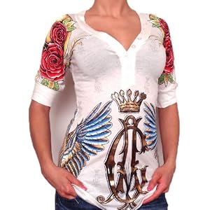 New Christian Audigier Rhinestone V-neck 3/4 Henley Dress Tank Top Shirt~newest Collection