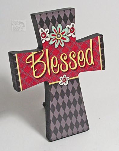 Blessed, Happy Thoughts Black and Diamond Print Wood Cross 5 x 4 inches