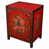 EXP Handmade Asian Furniture - 30" Red & Black Tibetan Storage Cabinet With Painted Flowers