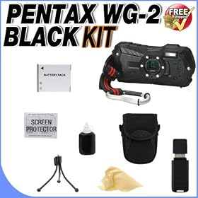 Pentax Optio WG-2 Adventure Series 16 MP Waterproof Digital Camera with 5 X Optical Zoom (Black) + Extra LI50B Extended Life Battery + Deluxe Case w/Strap + USB Card Reader + Accessory Saver Bundle!