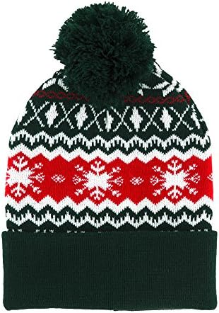 Ugly Pom Beanie Winter Hat - Red and White Snowflakes