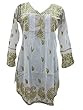 Stylish Tunic White Green Embroidered Pleated Cotton Kurta Medium