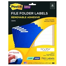 Post-it(R) Super Sticky Removable File Folder Labels, 0.6 x 3.4 Inches White, Laser/Inkjet, 750 labels per pack (2100-H)