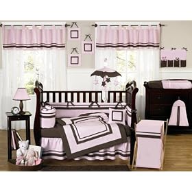 Pink and Brown Hotel Modern Baby Bedding 9pc Crib Set